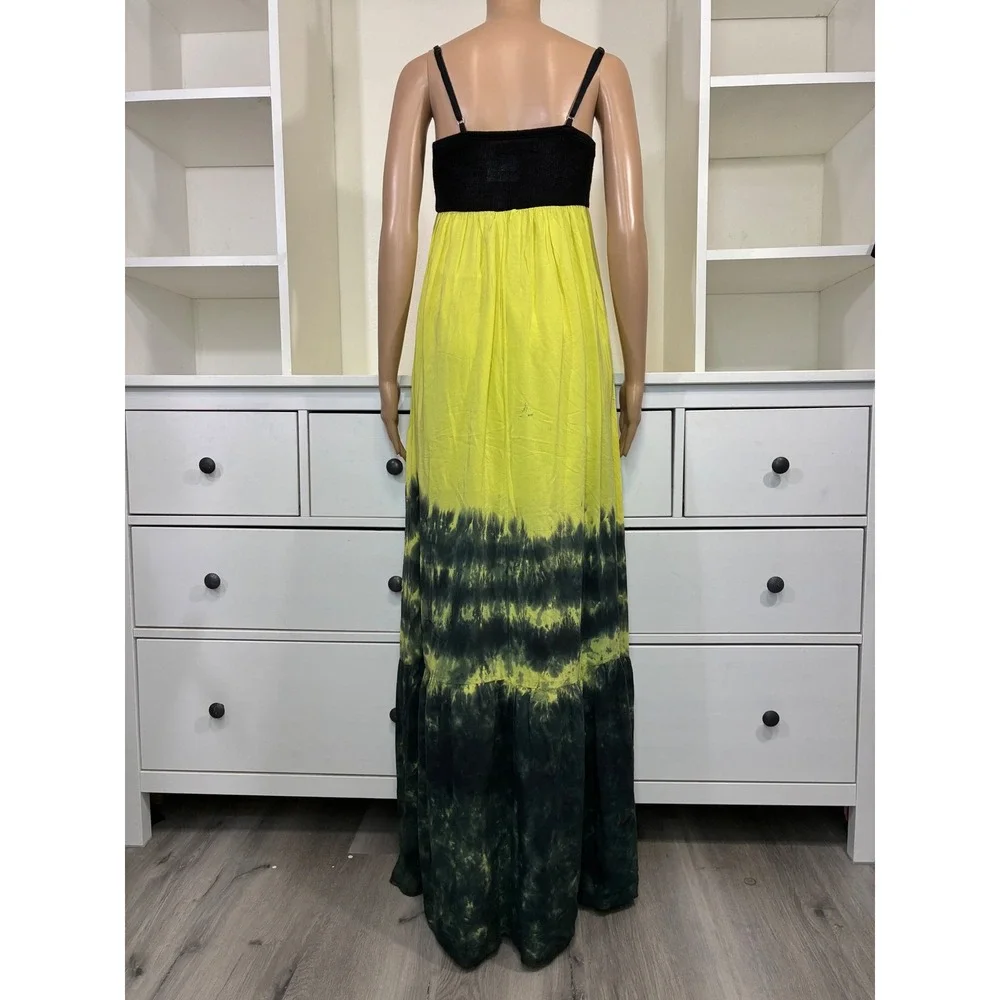 Woodleigh Womens Tie Dye Maxi Dress Black Yellow Green Knit Bodice Boho Small - Picture 3 of 8